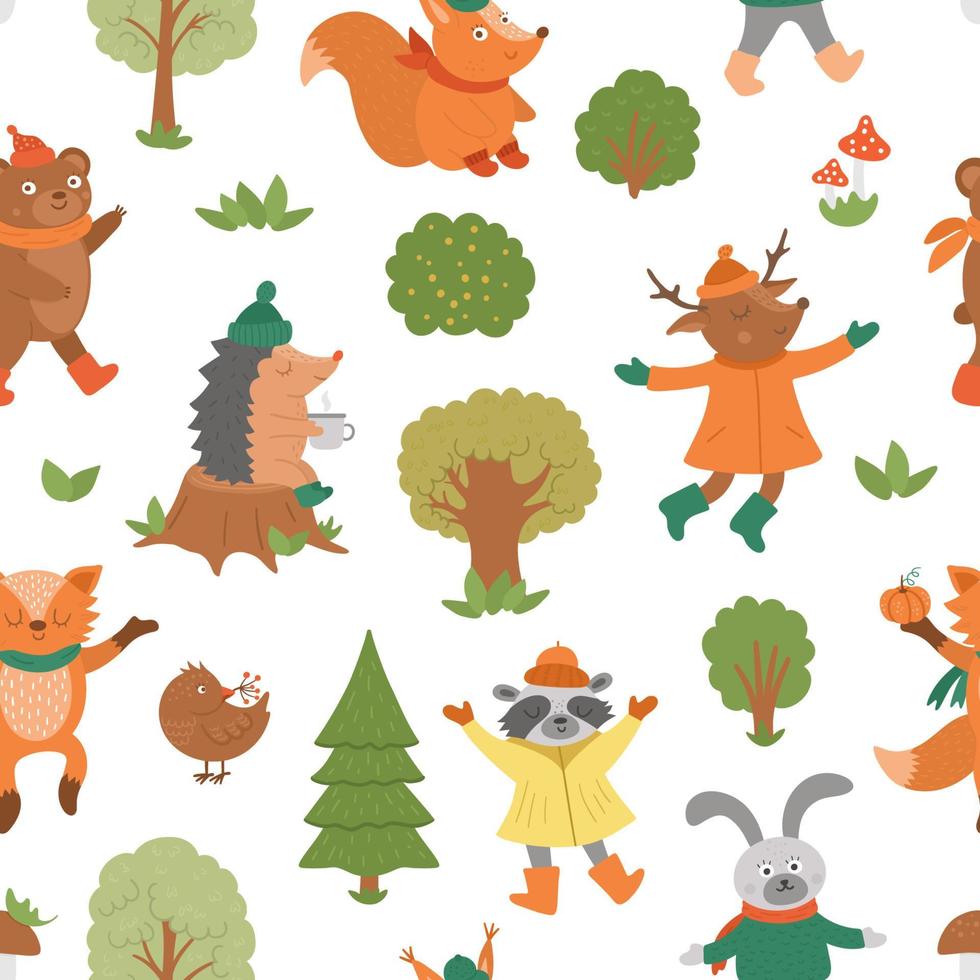 Seamless pattern with vector autumn characters. Cute woodland animals repeat background. Fall season texture.  Funny forest print with hedgehog, fox, bird, deer, rabbit, bear, squirrel, tree.