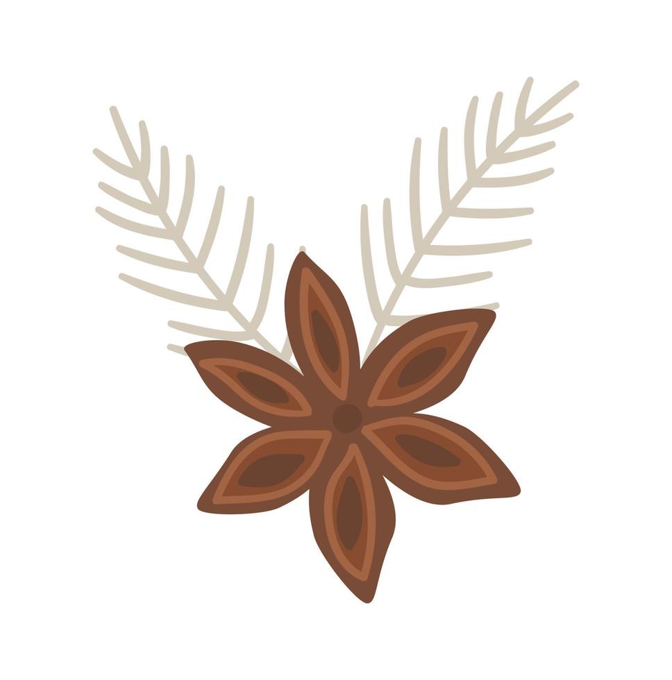 Vector anise illustration with silver Christmas tree twigs. Traditional winter spice icon. Holiday Christmas treat isolated on white background. Cozy warming food ingredient for festive drinks