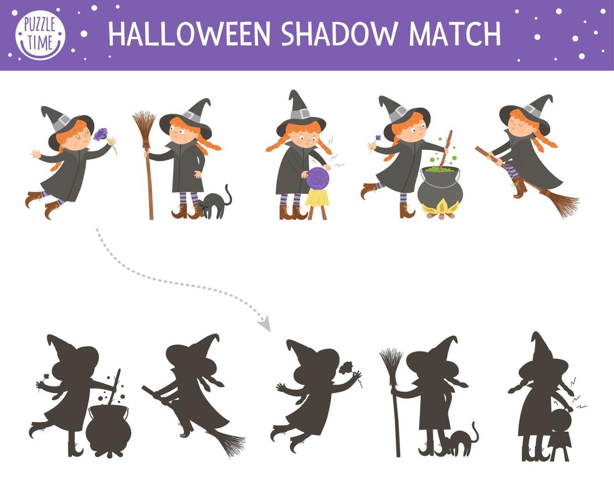 Halloween shadow matching activity for children. Autumn puzzle with witches. Educational game for kids with scary characters. Find the correct silhouette printable worksheet. vector