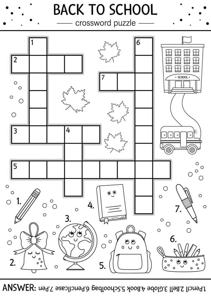 Vector black and white back to school crossword puzzle for kids. Simple line quiz with school objects for children. Educational autumn activity or coloring page with cute funny kawaii characters