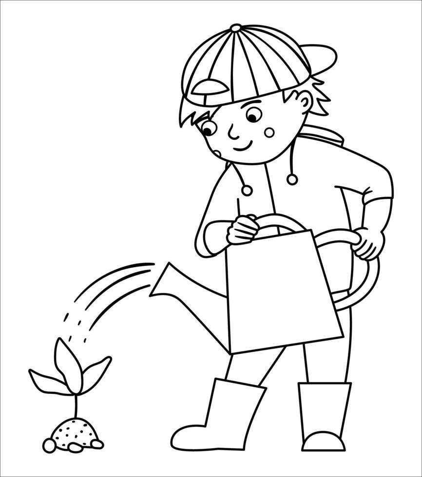 Vector black and white boy watering plant illustration. Cute outline kid doing garden work. Spring line gardening activity picture or coloring page