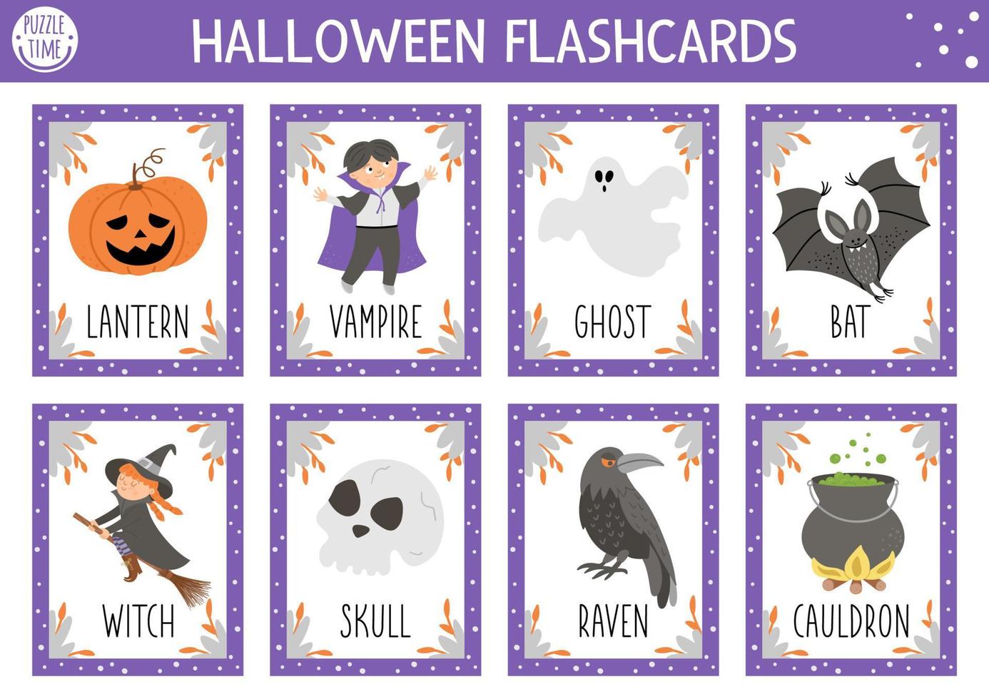 Vector Halloween flash cards set. English language game with cute witch, lantern, vampire for kids. Autumn Fall holiday flashcards. Simple educational printable worksheet.