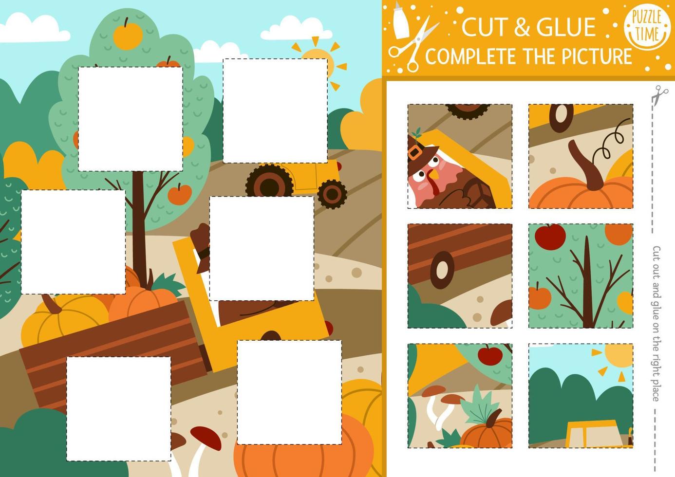 Vector Thanksgiving day cut and glue activity. Autumn crafting game with cute farm harvest scene with turkey. Fun printable worksheet for children. Find the right piece of puzzle. Complete the picture