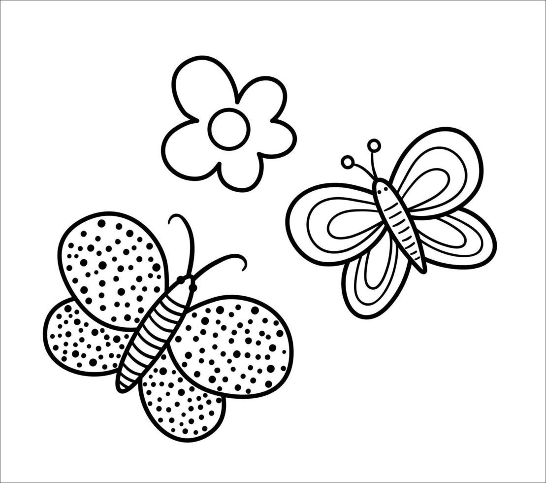 vector mariposas en blanco y negro e ilustración de flores. lindo icono de línea de primavera o verano. Página para colorear para niños con insectos y plantas.