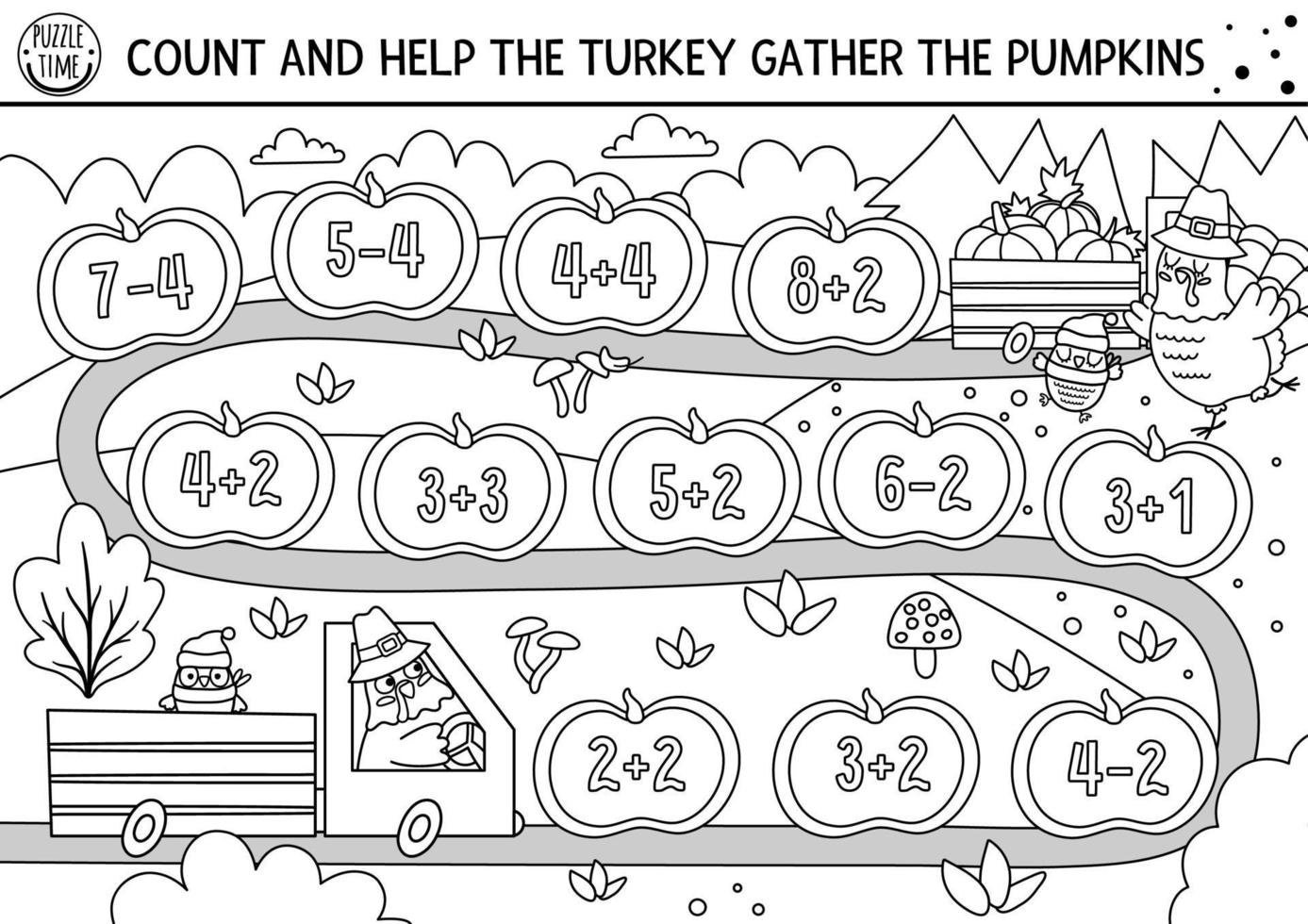 Thanksgiving Day black and white counting dice board game for children with cute turkey driving a car with pumpkins. Autumn line holiday boardgame with numbers. Fall math activity for kids. vector