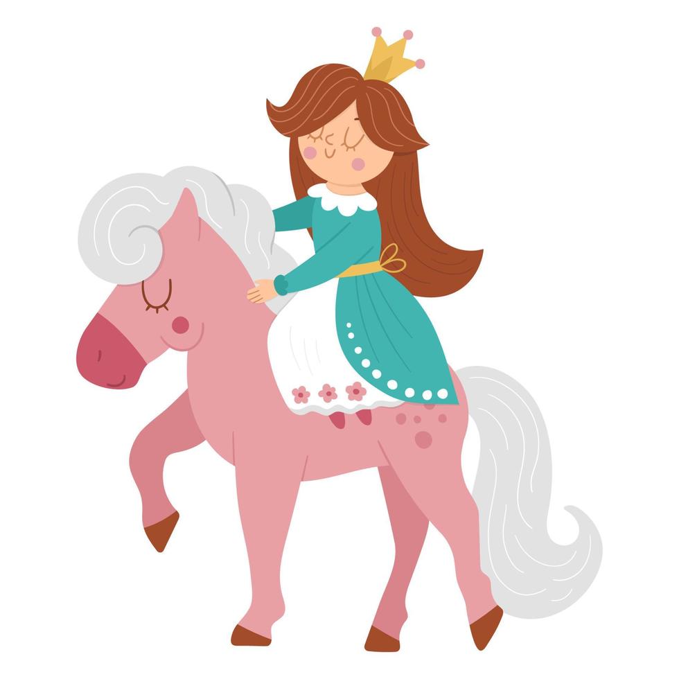 princesa de vector de cuento de hadas montando un caballo rosa. chica de fantasía en corona aislado sobre fondo blanco. sirvienta de cuento de hadas medieval. icono mágico de dibujos animados de niña con carácter lindo.