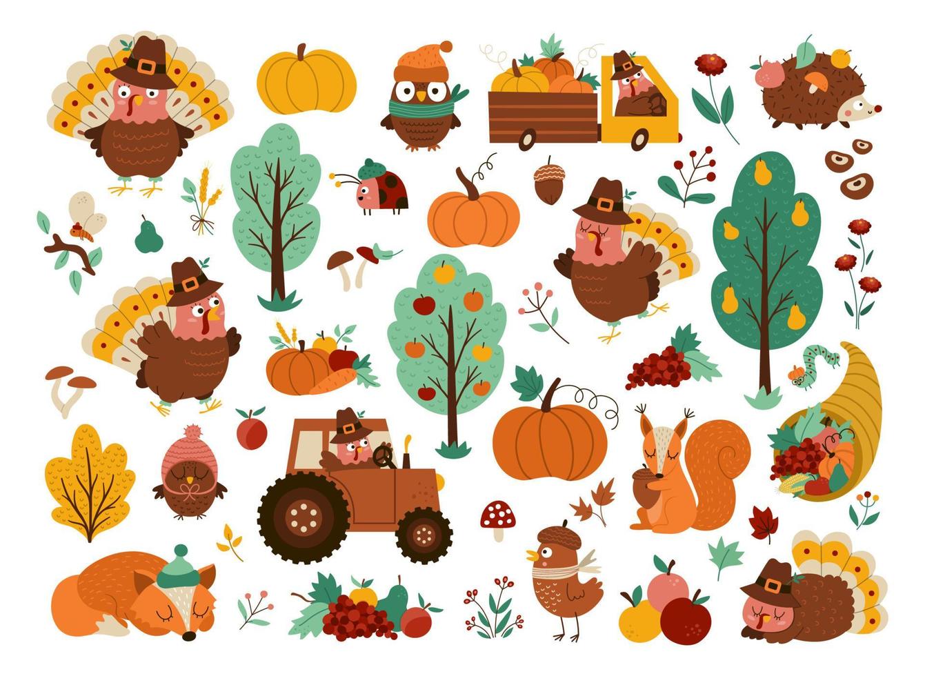 Vector Thanksgiving elements set. Autumn icons collection with funny turkey, animals, harvest, cornucopia, pumpkins, trees. Fall holiday pack with car, tractor, fruit, vegetables