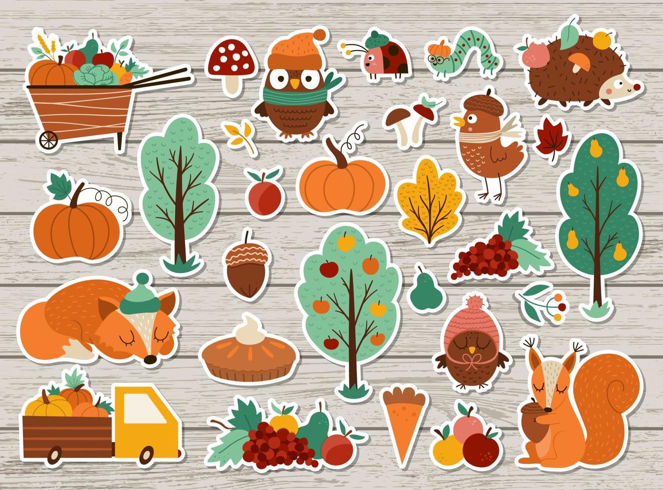Vector autumn stickers set. Fall patches collection with cute forest animals, trees, birds on wooden background. Fall holiday patches pack with garden elements, harvest, fruit, vegetables