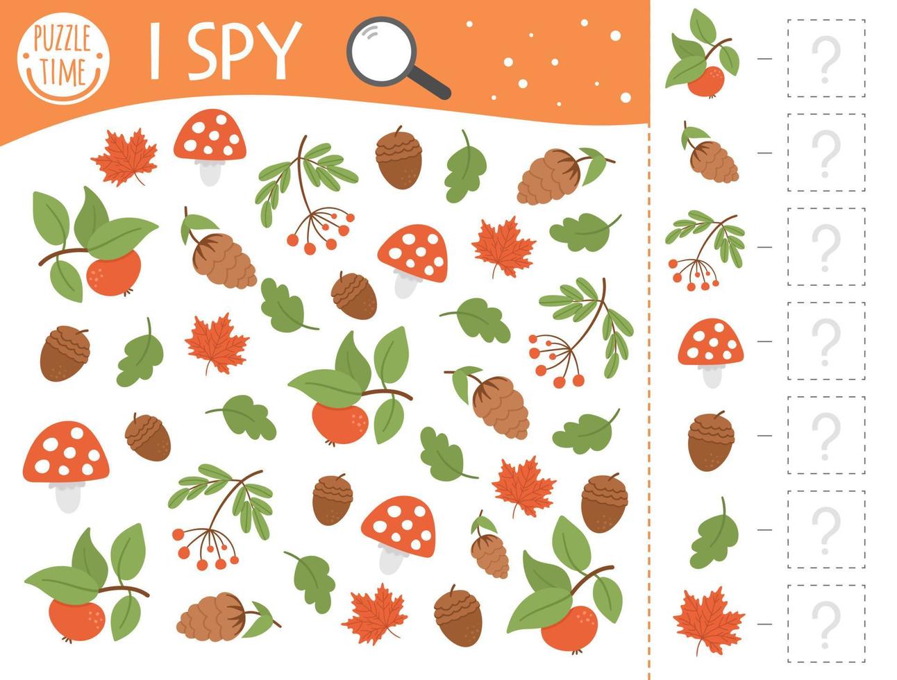 Autumn I spy game for kids. Searching and counting activity for preschool children with cute fall season plants. Funny printable worksheet for kids. Simple thanksgiving spotting puzzle. vector