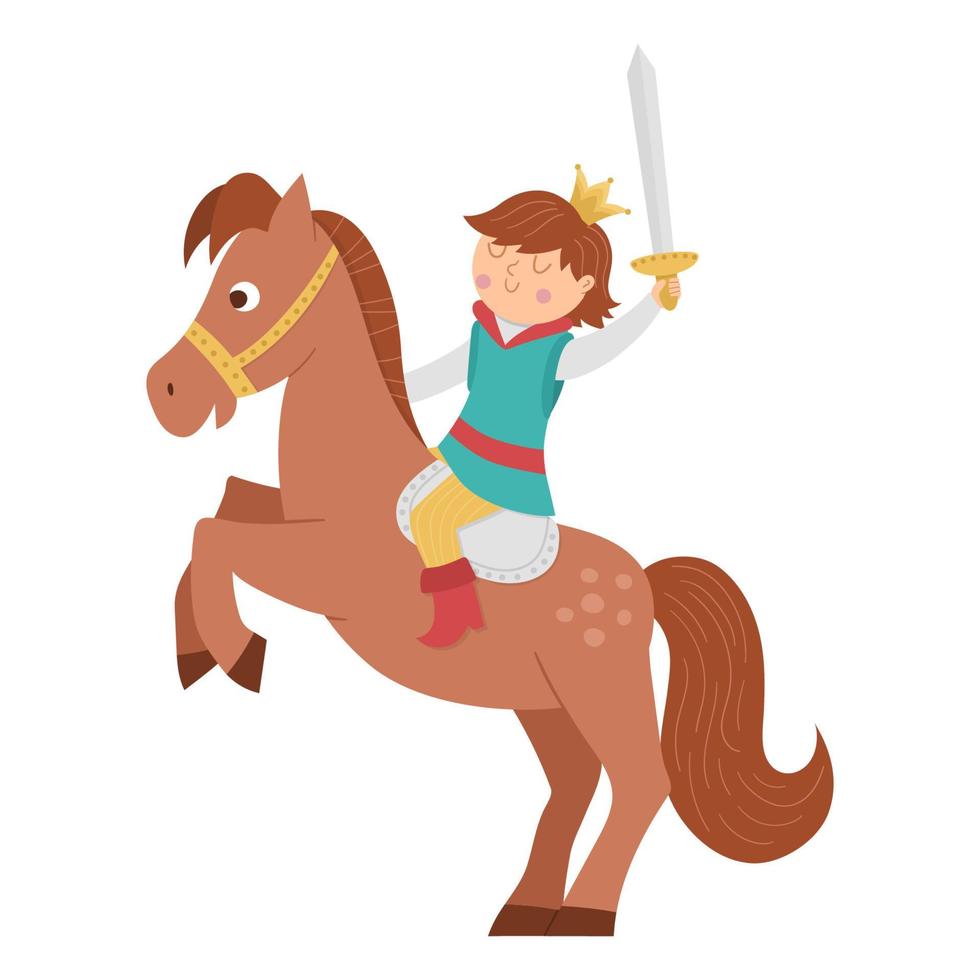 Fairy tale prince with sward on a horse on the rack isolated on white background. Vector fantasy young monarch in crown ready to fight. Medieval fairytale character. Cartoon magic sovereign icon