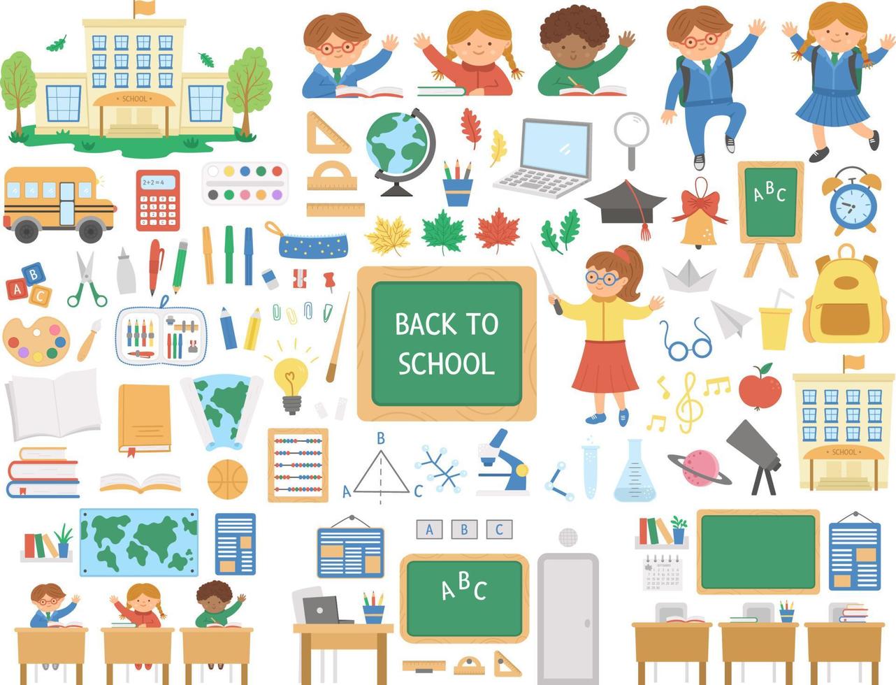 Big back to school vector set of elements. Giant educational clipart collection. Cute flat style classroom objects with school building, bus, subject icons, stationery, teacher, classroom, pupils