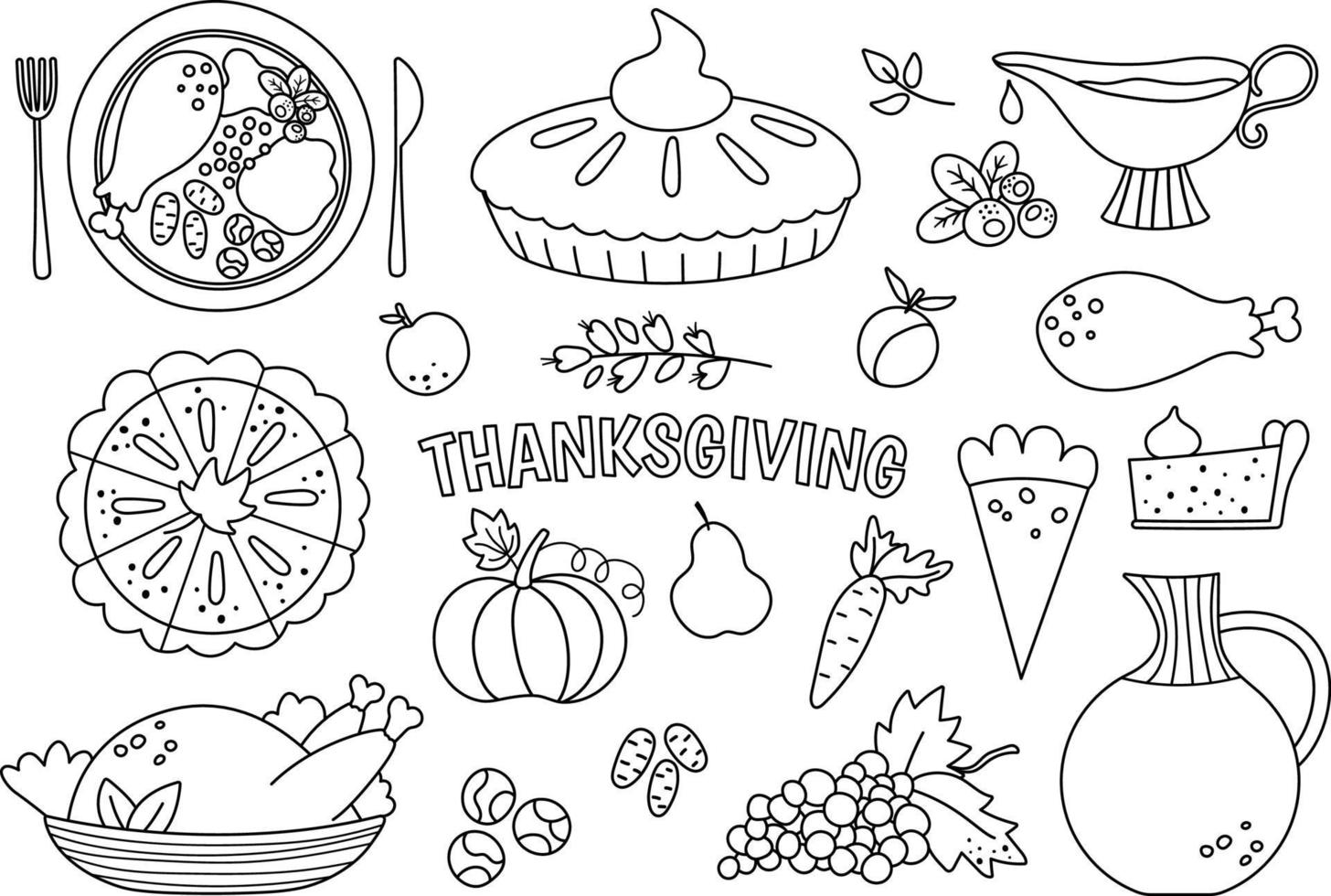 Vector postres y platos tradicionales de acción de gracias en blanco y negro. Ilustración de contorno lindo de comida de vacaciones de otoño. colección de línea de comida de otoño con pavo y pastel de calabaza