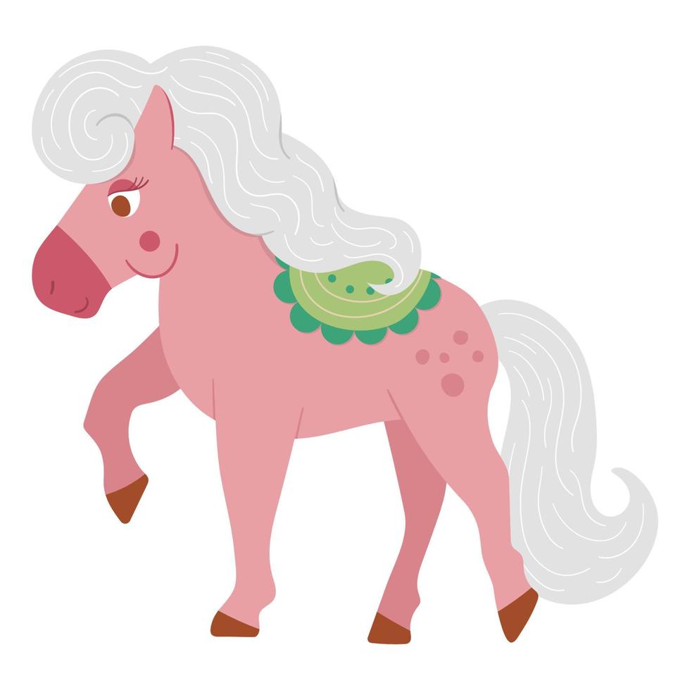 Fairy tale pink horse with green saddle isolated on white background. Vector fantasy animal. Medieval fairytale horse character. Cartoon magic icon