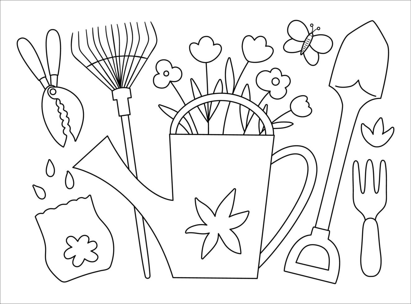 vector ilustración en blanco y negro de coloridas herramientas de jardín con flores y plantas. Esquema de la imagen de primavera. Regadera de línea con flores, rastrillos, semillas, mariposa. concepto temático de jardinería.
