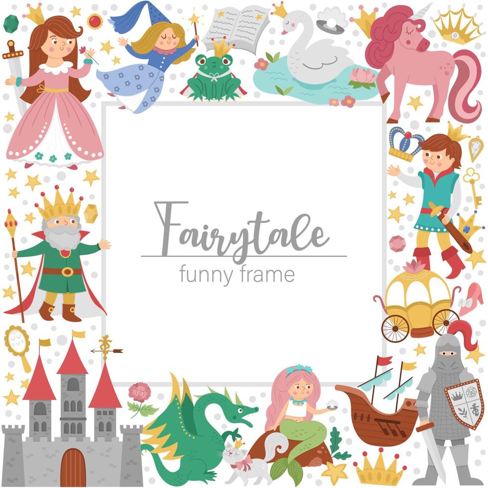 Vector square frame with fairy tale characters, objects. Fairytale card template design for banners, invitations with princess and prince. Cute fantasy castle illustration with magic elements