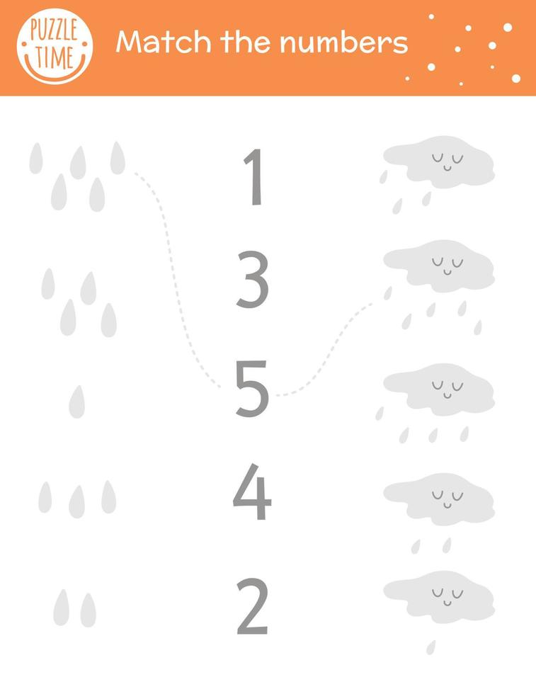 Matching game with cloud and raindrops. Autumn weather math activity for preschool children. Fall season counting worksheet. Educational printable with cute funny elements for kids vector