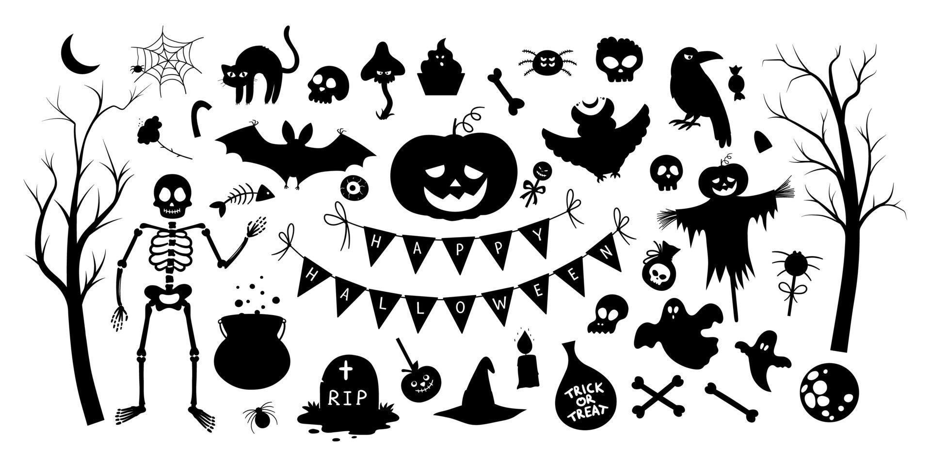 gran conjunto de elementos de silueta de vector de halloween. tradicional fiesta samhain clipart en blanco y negro. colección de sombras aterradoras con jack-o-lantern, araña, fantasma, calavera, murciélagos. diseño de vacaciones de otoño