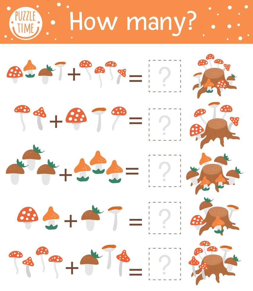 Counting game with mushrooms and tree stump. Autumn activity for preschool children. Fall season math worksheet. Educational printable with cute funny elements for kids vector