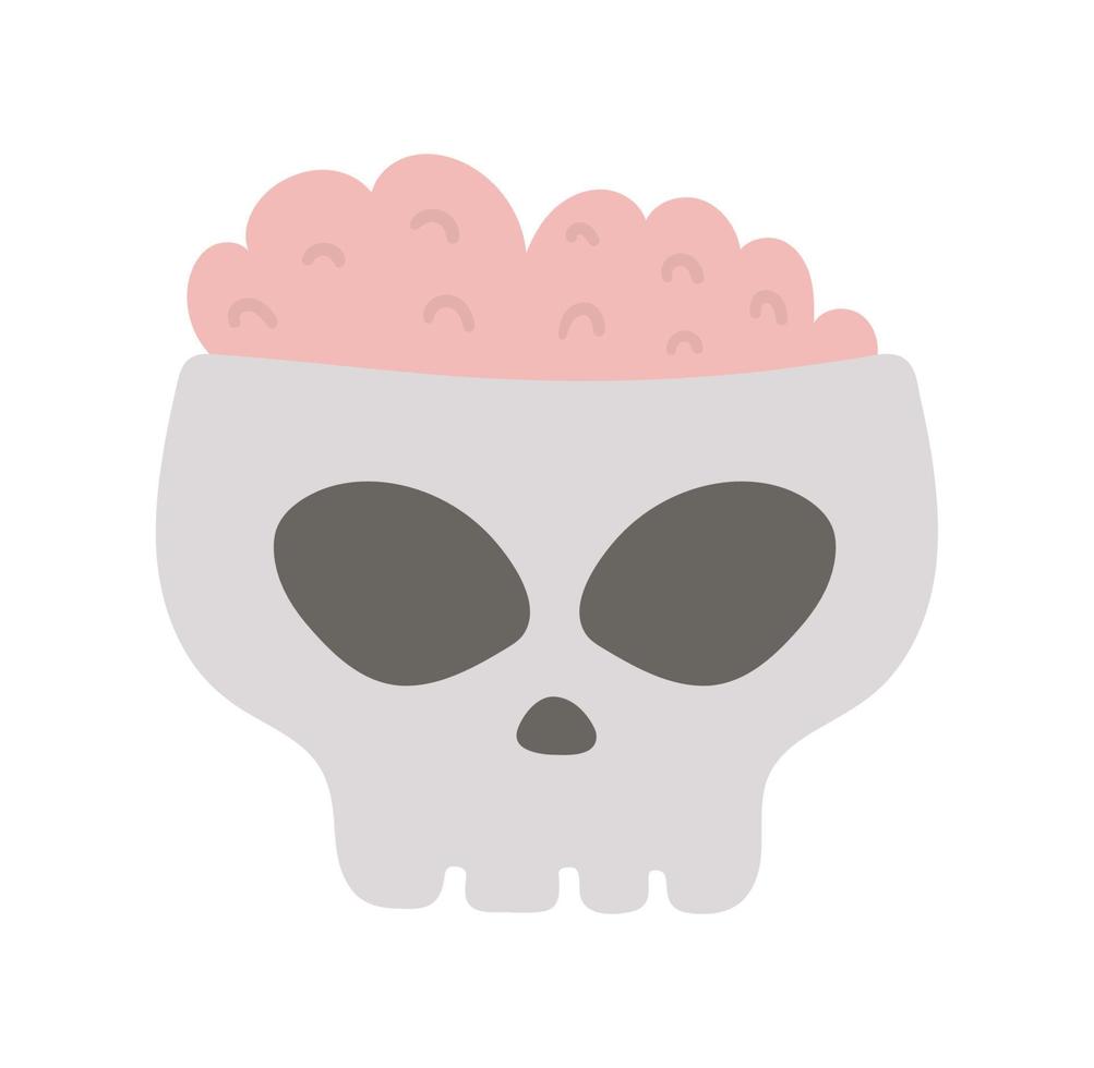 vector cráneo con cerebro rosa para juego de truco o trato. Imágenes Prediseñadas de esqueleto de miedo. comida tradicional de fiesta de halloween. postre en forma de monstruo aislado sobre fondo blanco. diseño de vacaciones de otoño