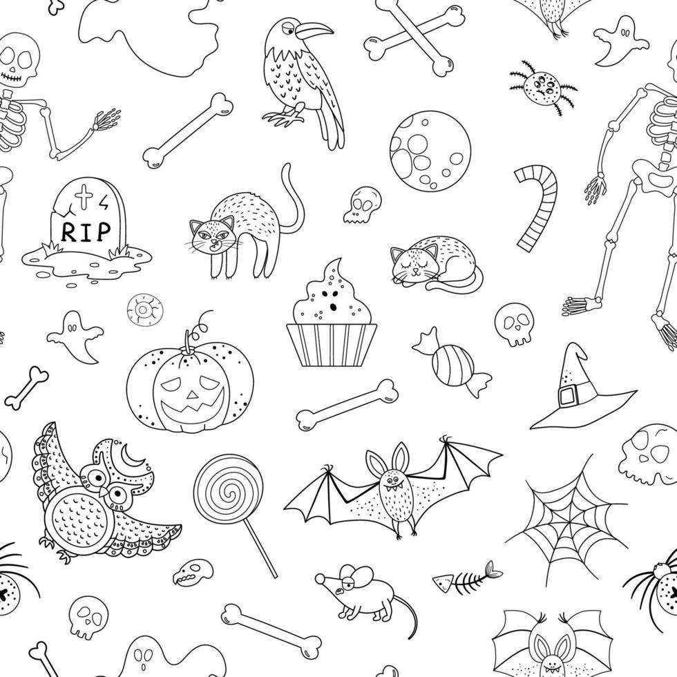 Vector black and white seamless pattern with Halloween elements. Traditional Samhain party background. Scary digital paper with jack-o-lantern, spider, ghost, skull, bats, skeleton.