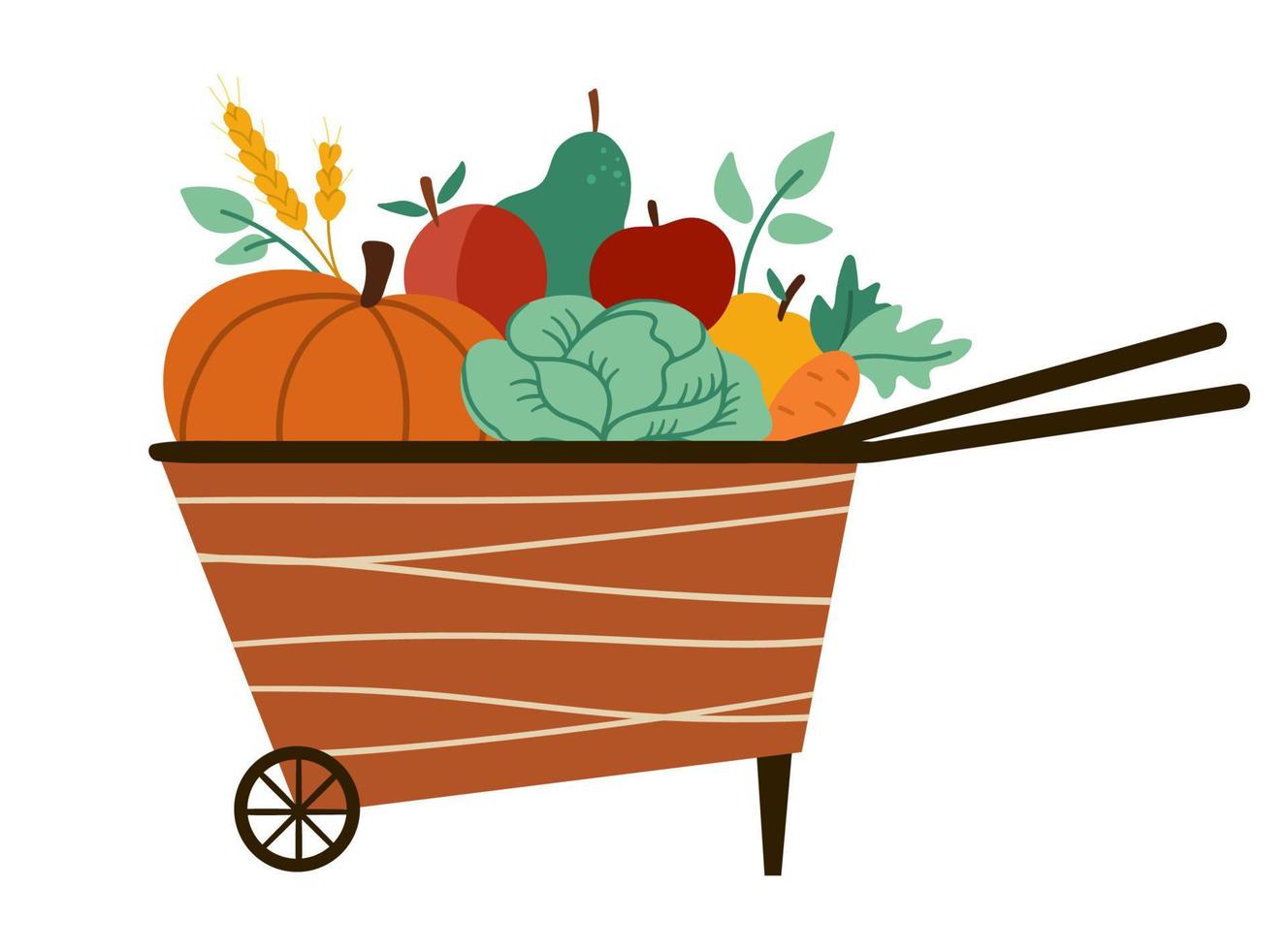 Vector cute wheelbarrow with apples, pear, pumpkin, carrot. Autumn garden clipart. Funny flat style fruit and vegetables illustration isolated on white background. Fall season harvest icon