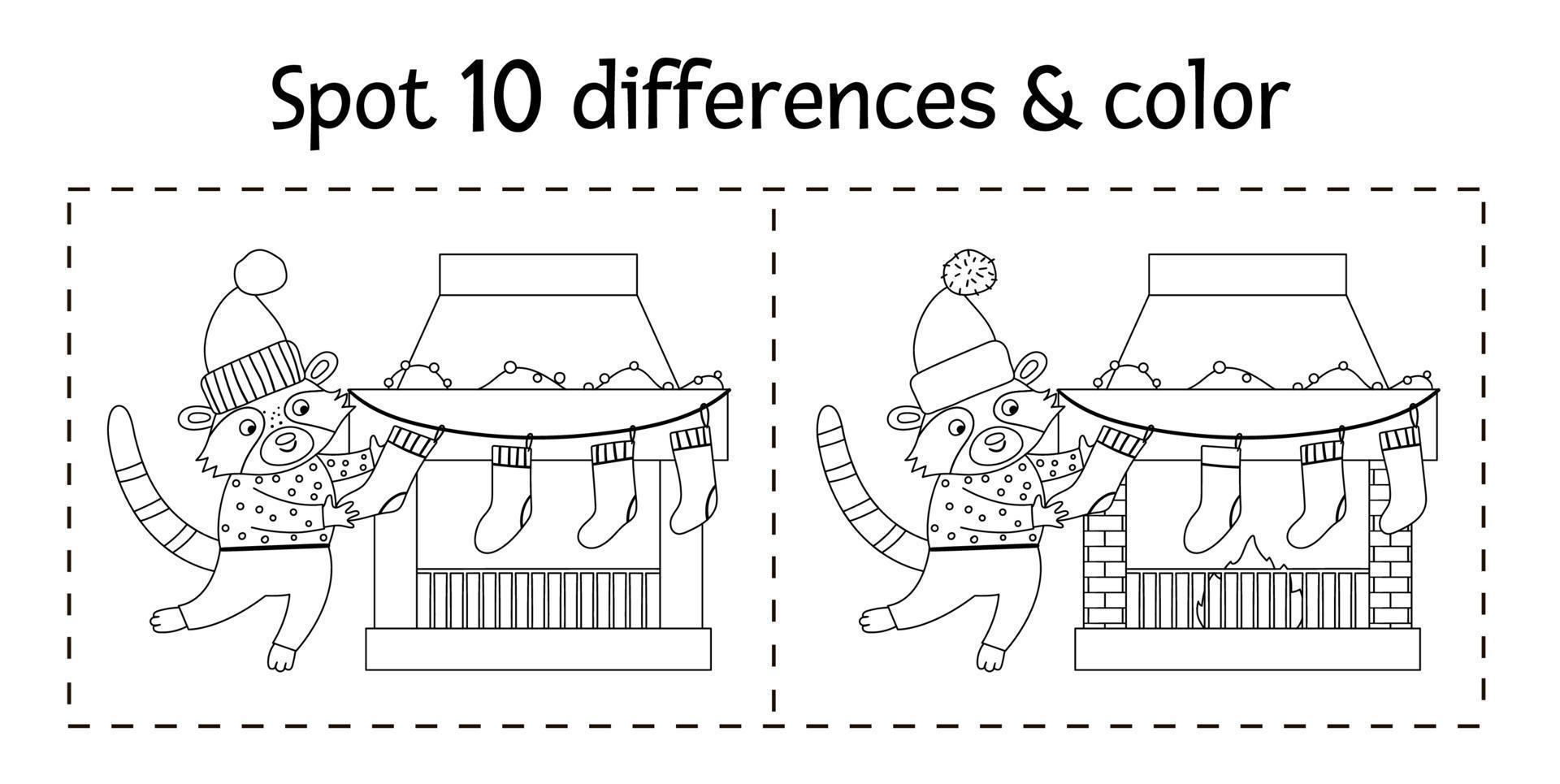 Christmas find differences game and color for children. Winter educational activity with funny raccoon decorating chimney with stockings. Printable worksheet for kids. Cute New Year coloring page vector