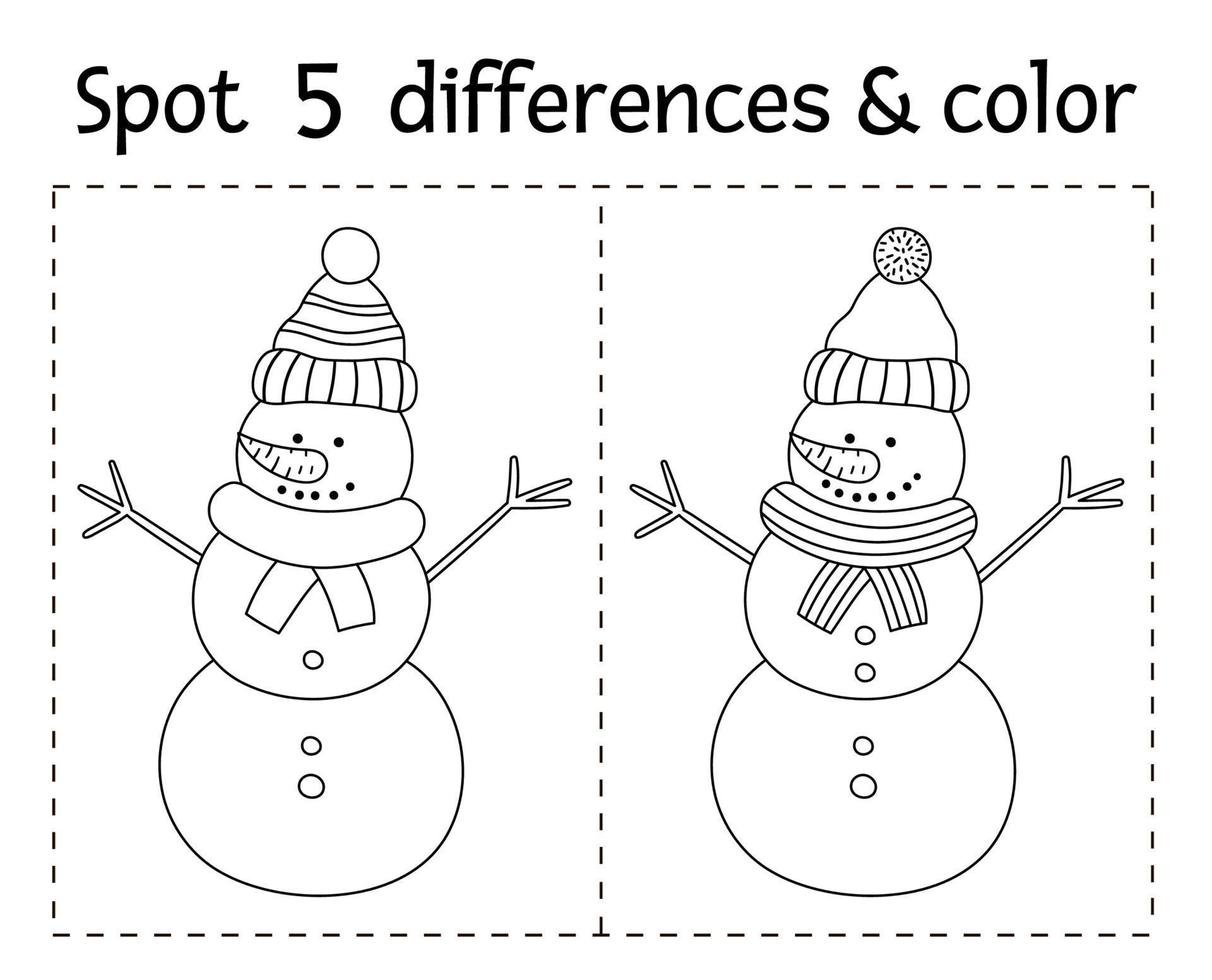 Navidad encuentra diferencias y juego de colores para niños. actividad educativa de invierno con divertido muñeco de nieve. hoja de trabajo imprimible con carácter sonriente. linda página para colorear de año nuevo para niños vector