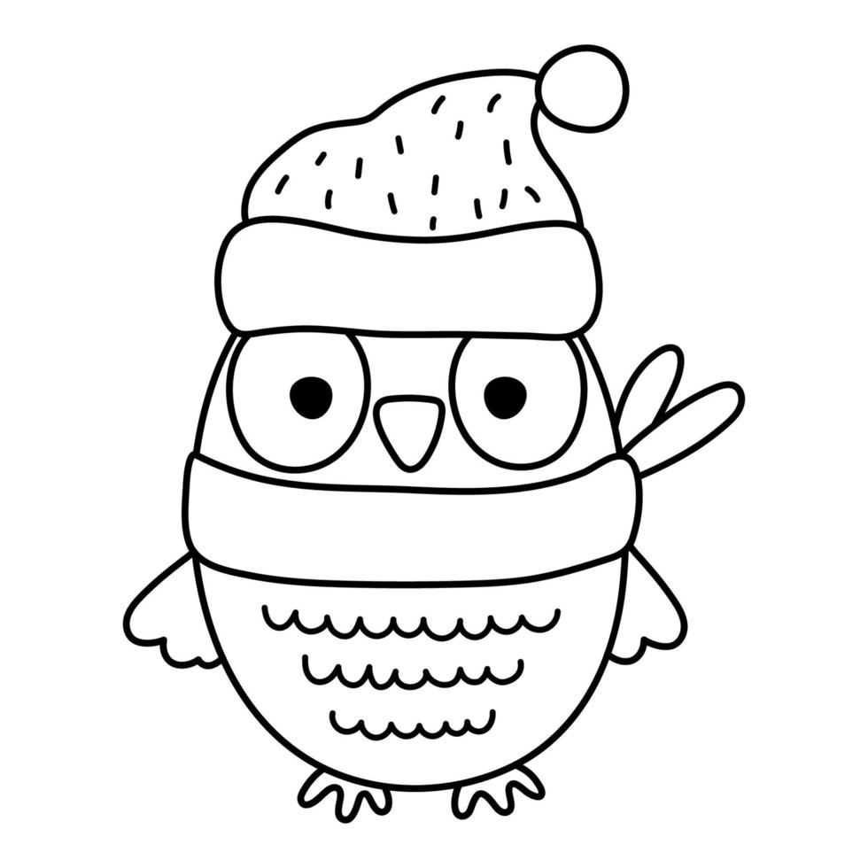 Cute black and white owl in hat and green scarf. Vector autumn bird ...