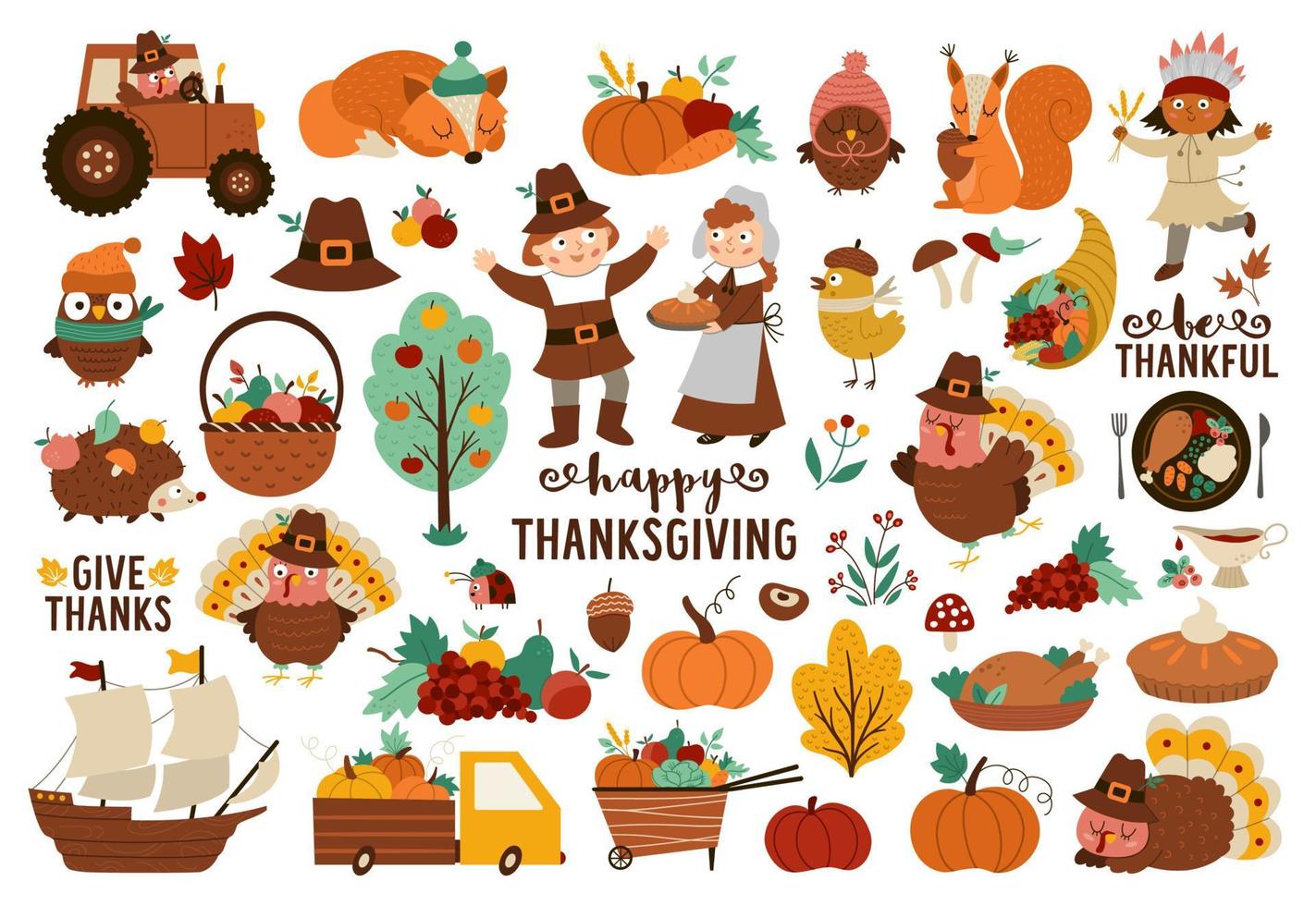 Vector Thanksgiving elements set. Autumn icons collection with funny pilgrims, native American, turkey, animals, harvest, cornucopia, pumpkins, trees. Fall holiday pack with car, tractor, phrases