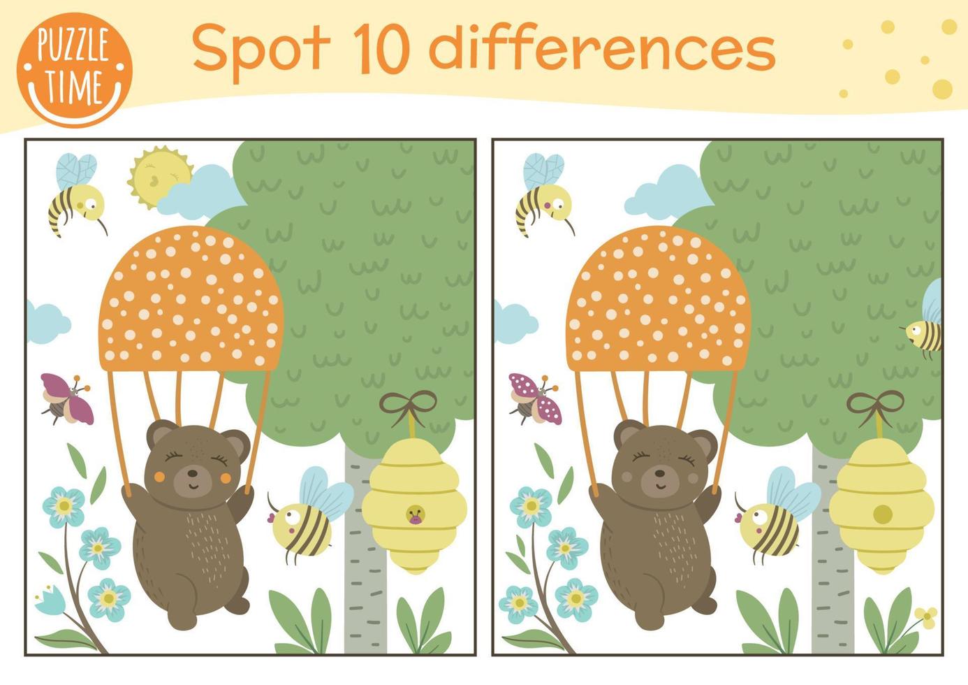 Forest find differences game for children. Preschool activity with bear flying on balloon. Puzzle with cute animal, tree, beehive. Woodland printable worksheet. Wild nature themed attention skill quiz vector