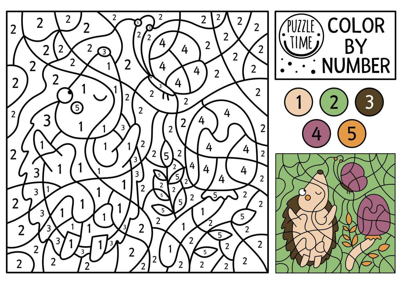 vector color del bosque por actividad numérica con erizo, mariposa y seta. juego de contar bosques otoñales con animal lindo. Divertida página para colorear de naturaleza otoñal para niños.
