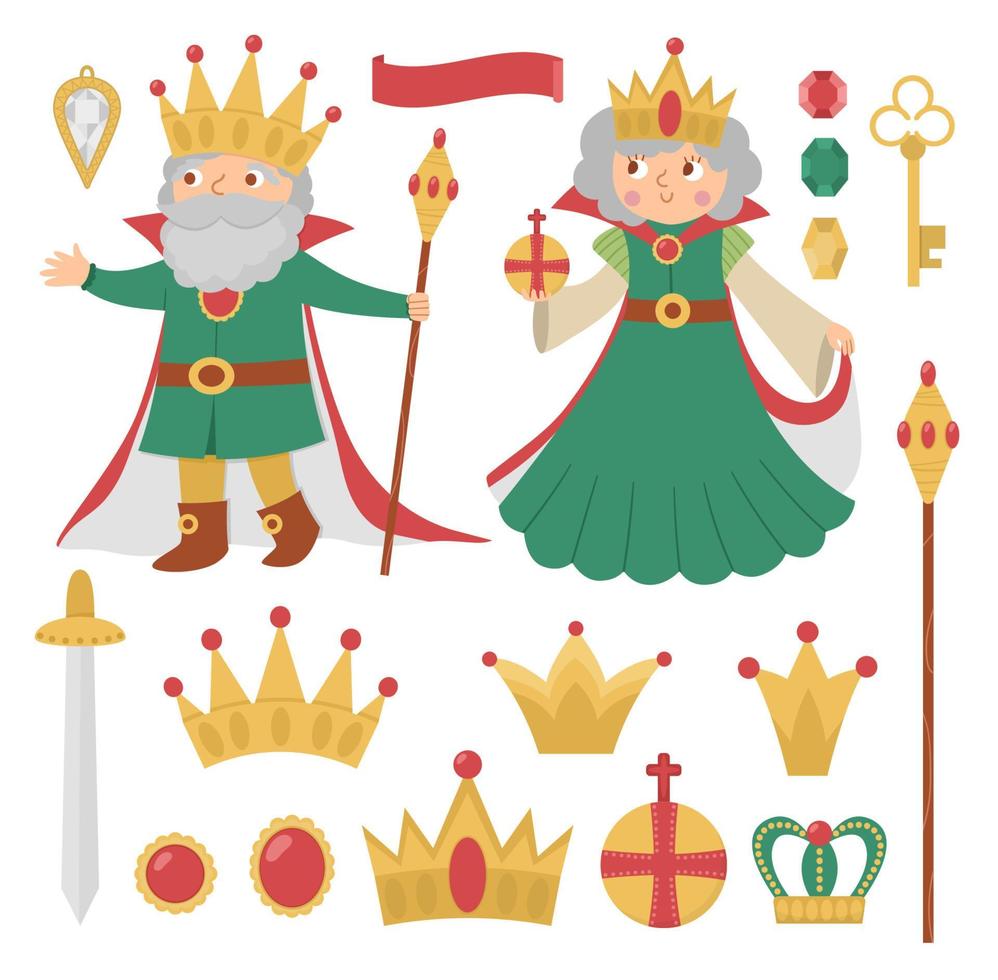 Fairy tale queen and king collection. Vector set of fantasy monarchs with crowns, sward, sovereign authority symbols. Medieval fairytale prince pack. Cartoon magic icons with cute characters