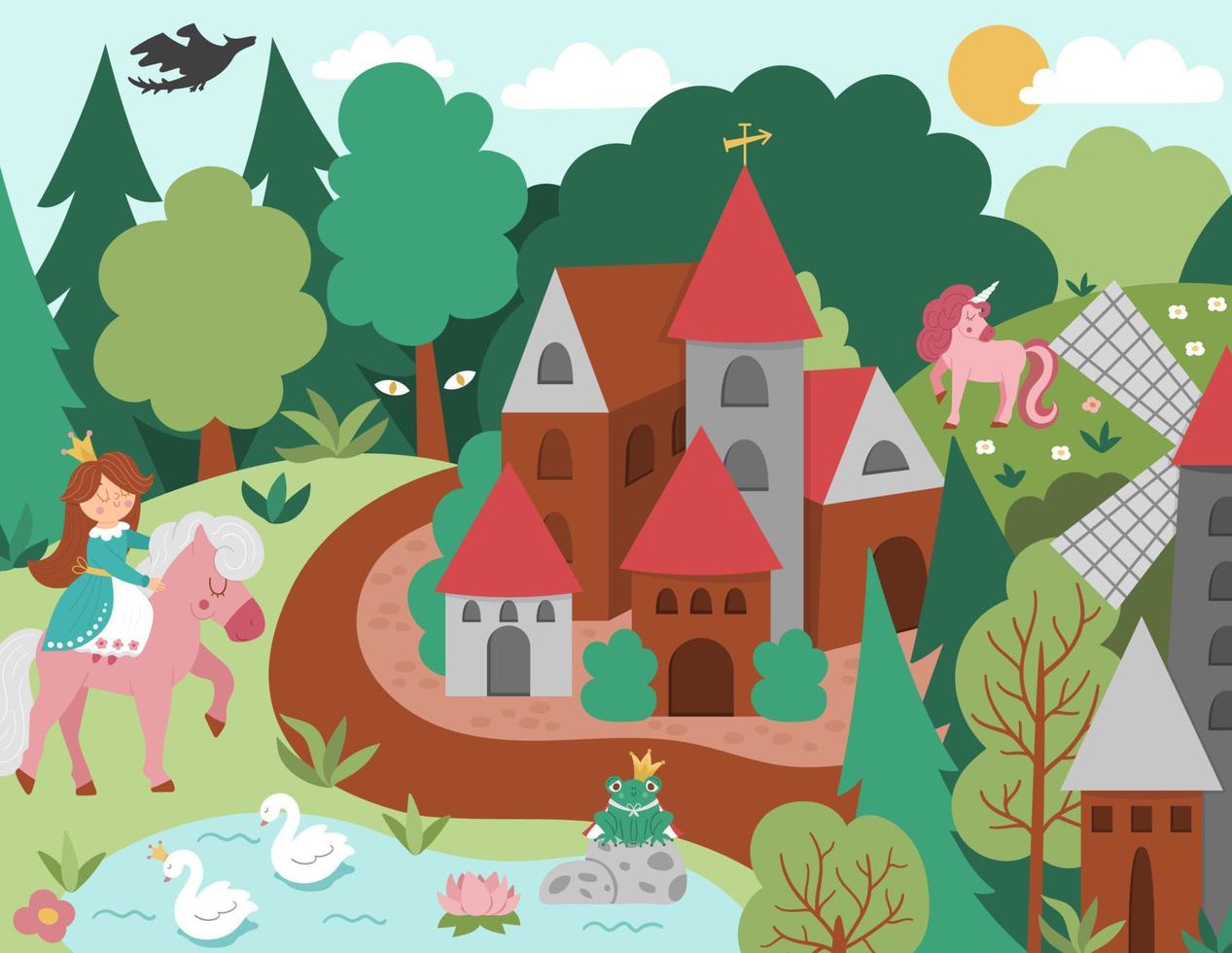 Vector Medieval village landscape with princess and pink unicorn. Magic kingdom picture. Stone and wooden building surrounded by magic forest. Fairy tale fantasy country illustration