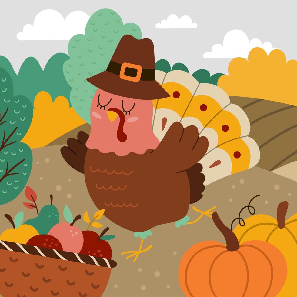 Autumn square landscape scene with cute turkey, fields, harvest, nature. Comic Thanksgiving card with funny bird, pumpkins, apples. Vector horizontal print template design for postcards, invitations