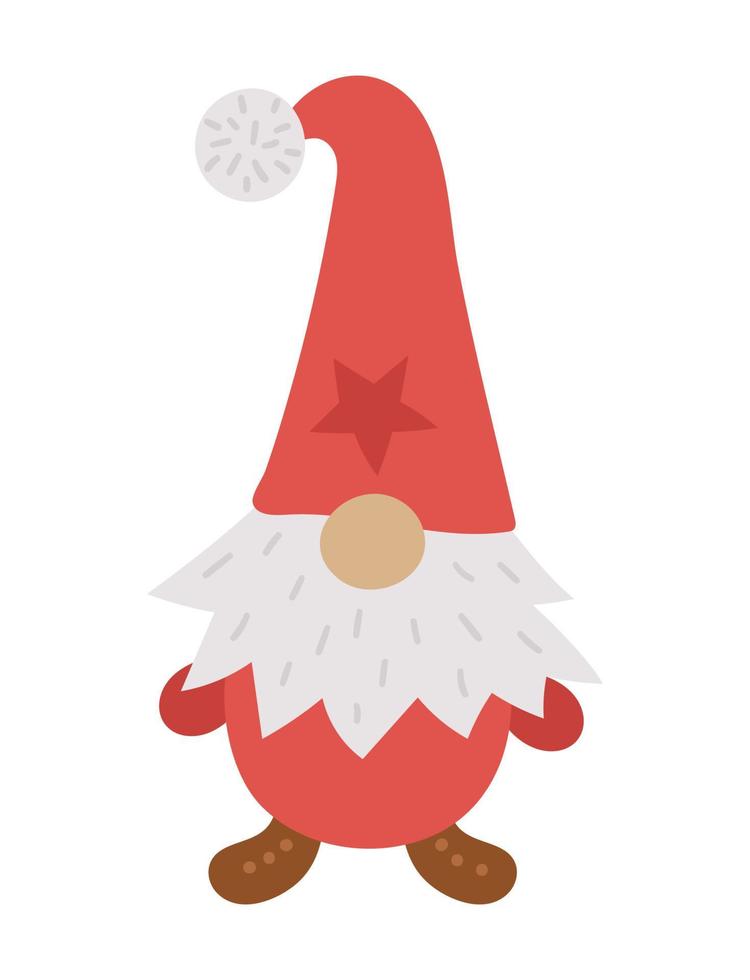 Lindo gnomo de Navidad escandinavo aislado sobre fondo blanco. vector personaje de año nuevo en gorra roja con barba larga. enano divertido para niños