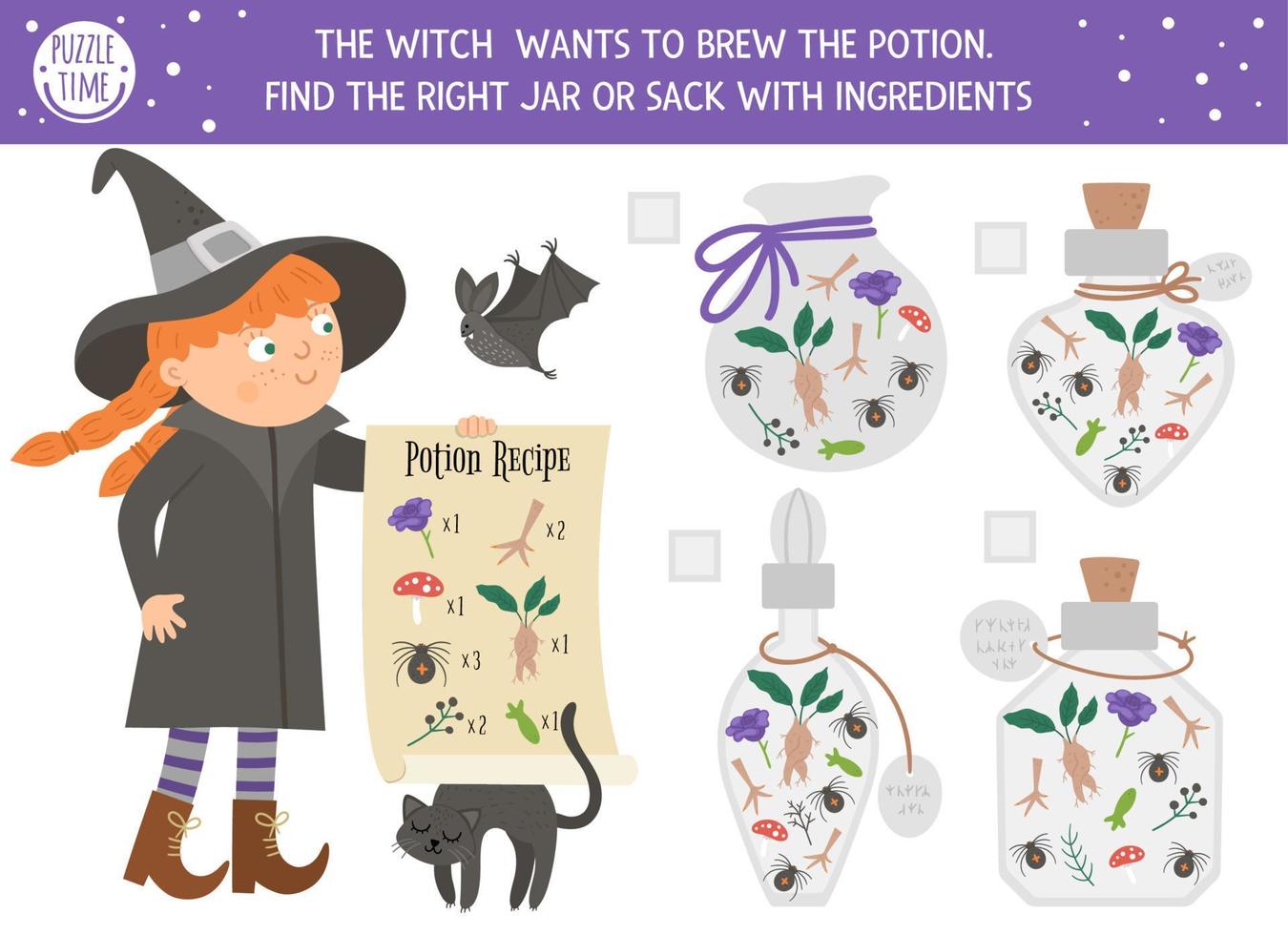 Halloween matching game with witch and potion ingredients. Autumn math activity for preschool children. Educational printable counting worksheet with cute funny elements for kids vector