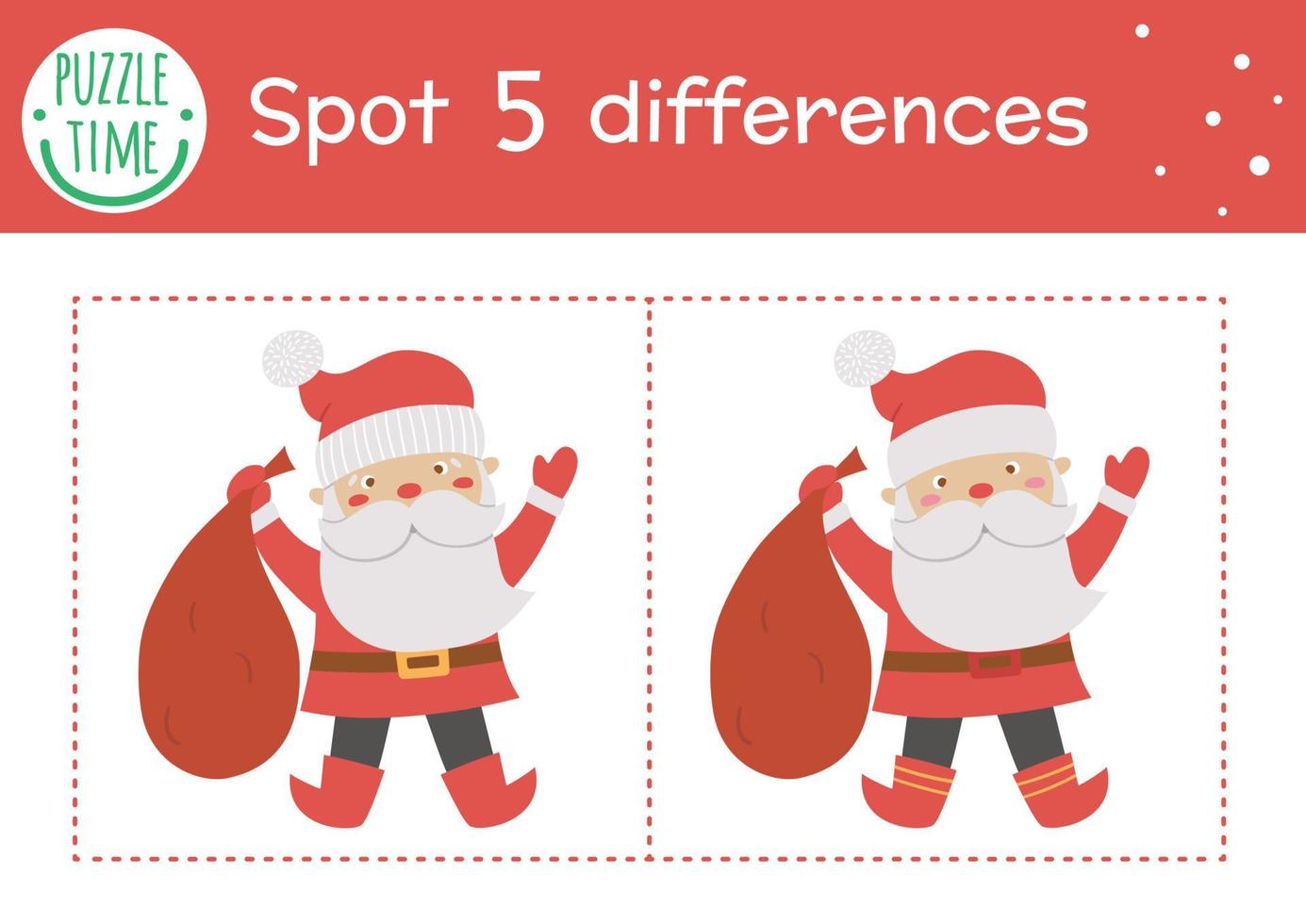 Christmas find differences game for children. Winter educational activity with funny Santa Claus. Printable worksheet with smiling character. Cute New Year puzzle for kids vector