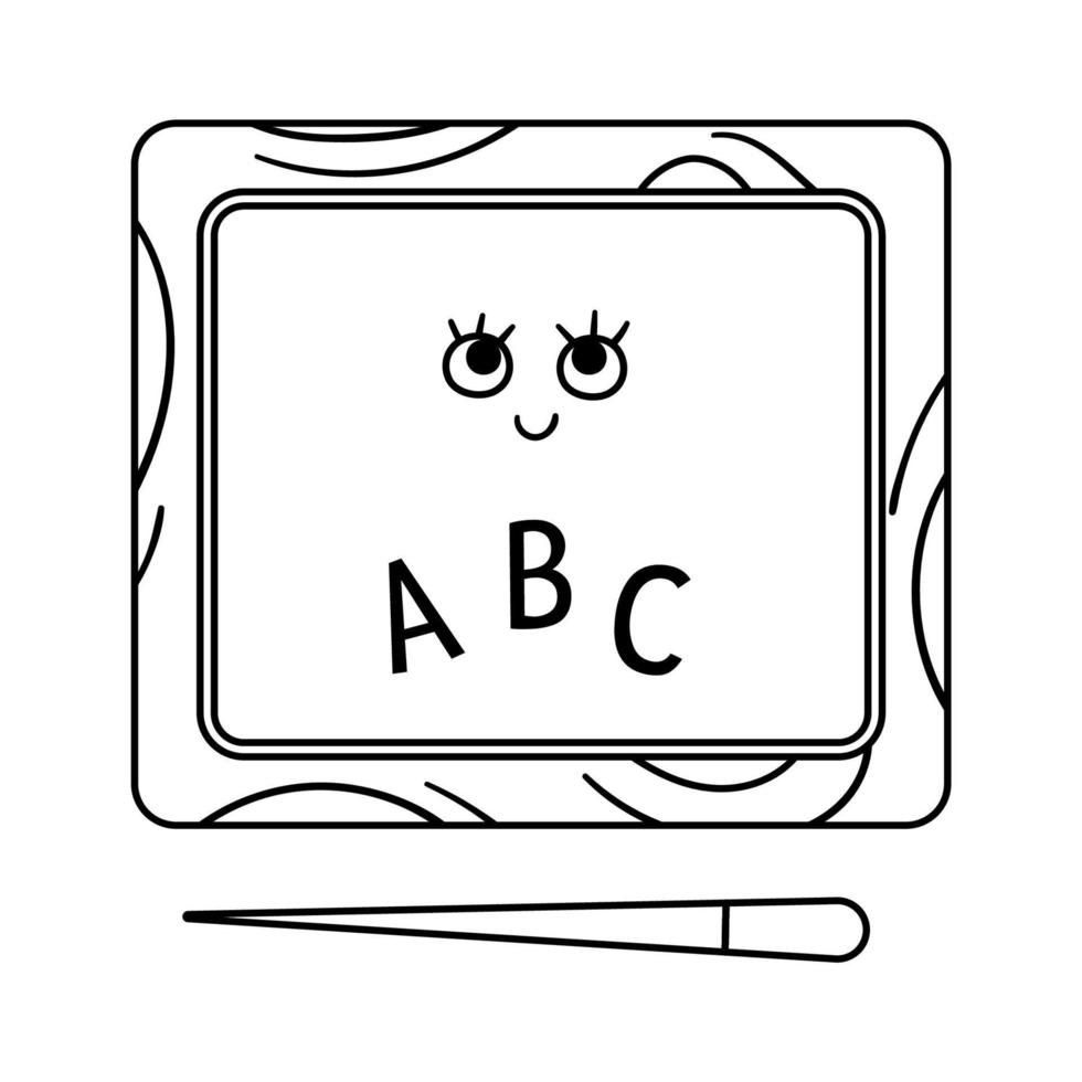 Vector black and white kawaii chalk board illustration. Contour back to school educational clipart. Cute line style blackboard. Funny outline picture for kids