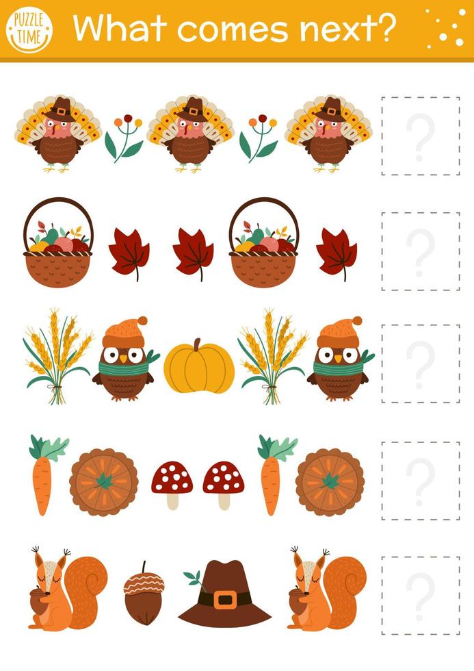 What comes next. Thanksgiving matching activity for preschool children with traditional holiday symbols. Funny autumn puzzle. Fall logical worksheet. Continue the row game. vector