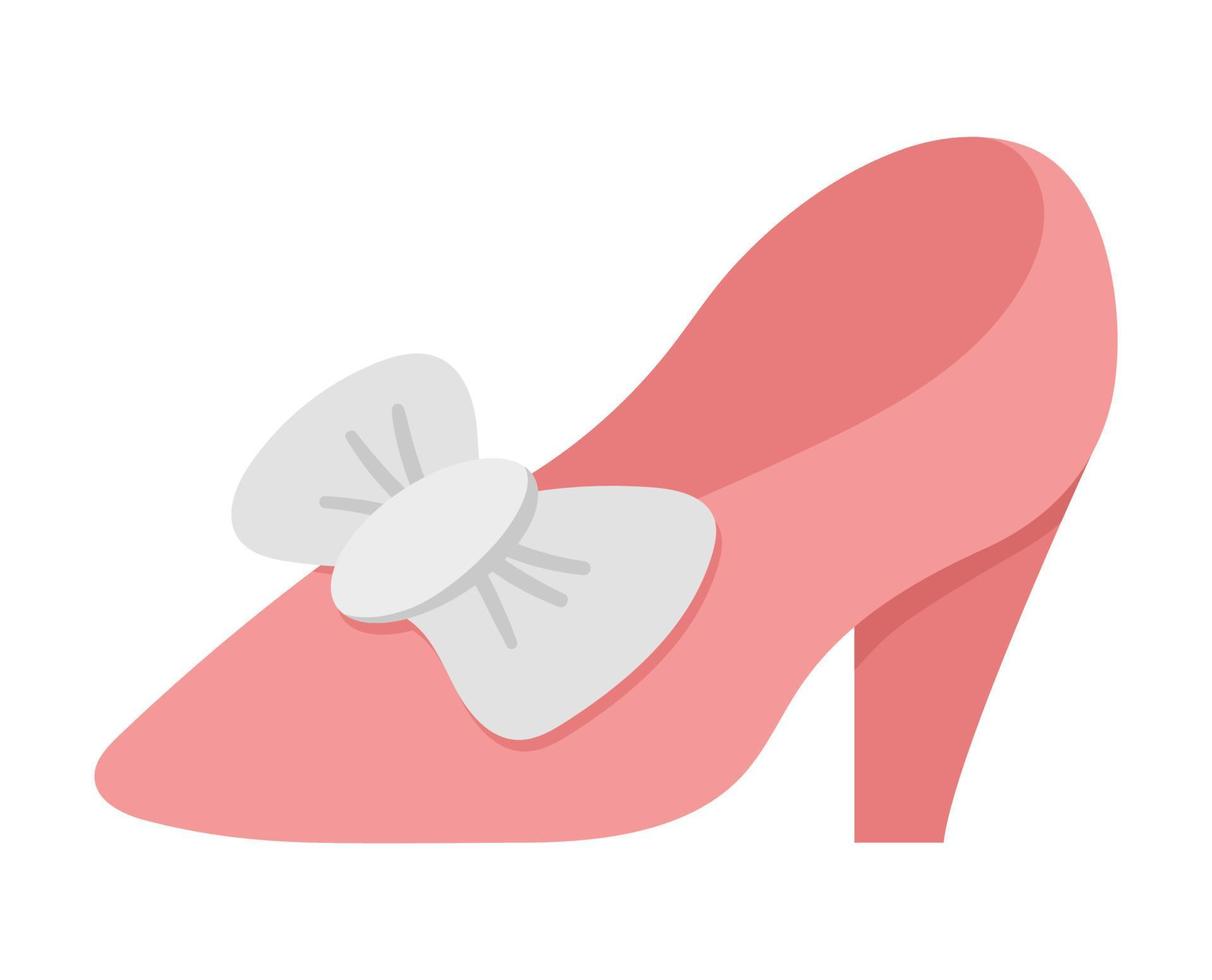 Vector pink woman slipper with hill and bow icon.  Fairytale Cinderella shoe illustration isolated on white background. Cartoon fairy tale princess foot wear or accessory