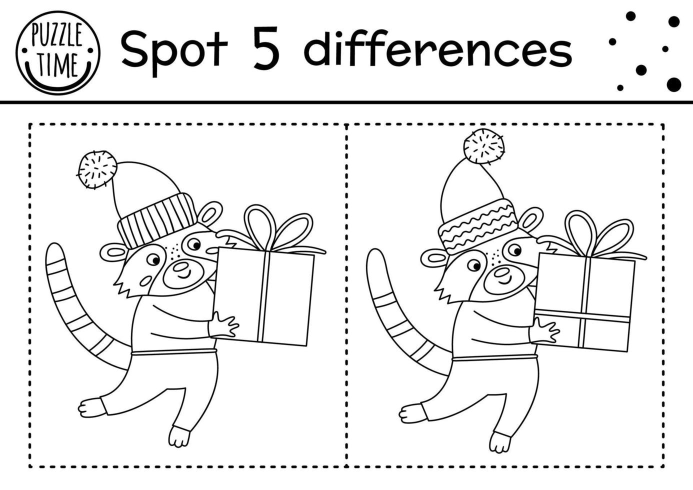 Christmas find differences and color game for children. Winter educational activity with funny raccoon and present. Printable worksheet for kids. Cute New Year coloring page with animal and gift box vector