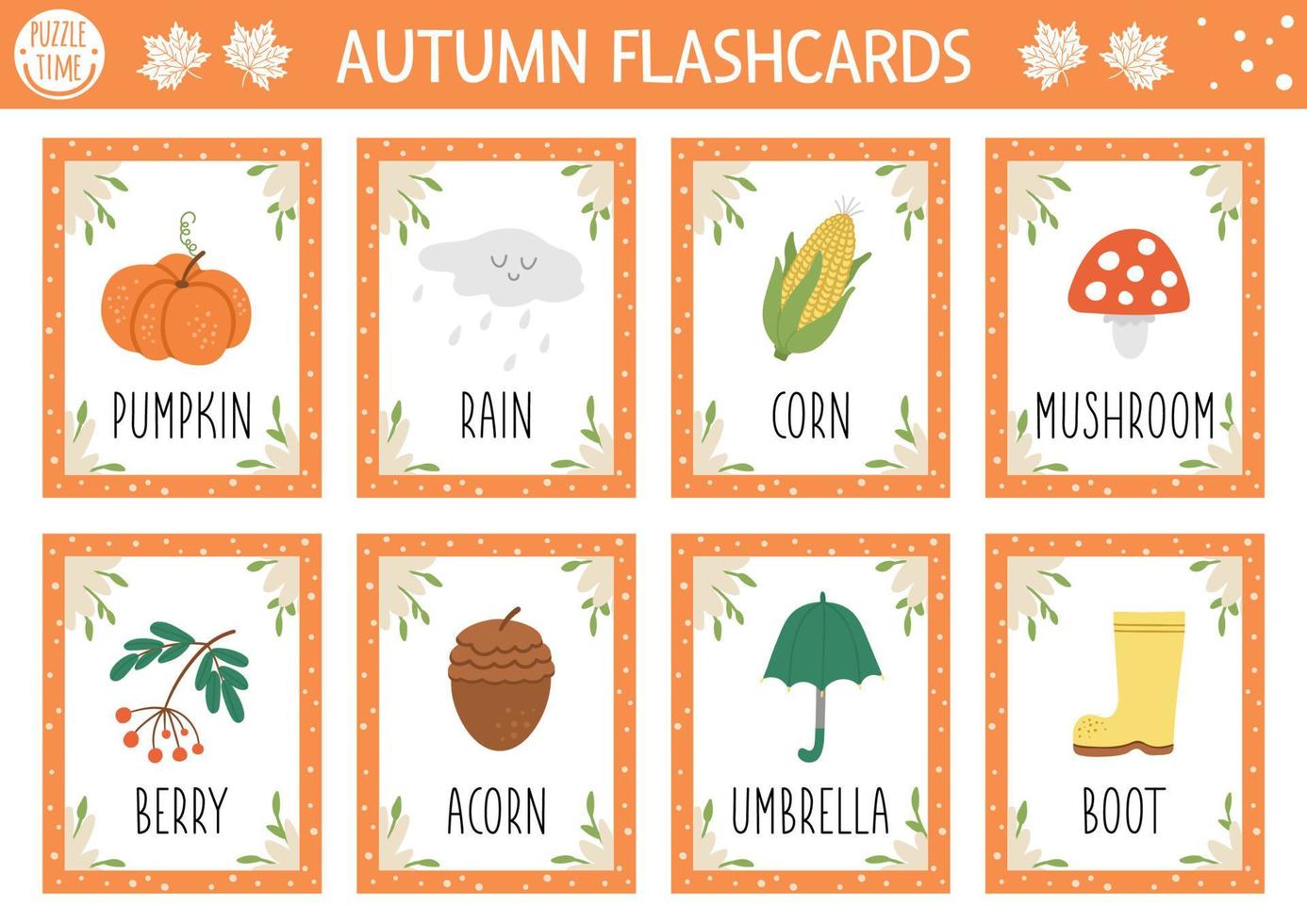 vector otoño conjunto de tarjetas flash. juego de idioma inglés con linda calabaza, hongo, paraguas, bellota para niños. flashcards de la temporada de otoño. hoja de trabajo educativa imprimible simple.