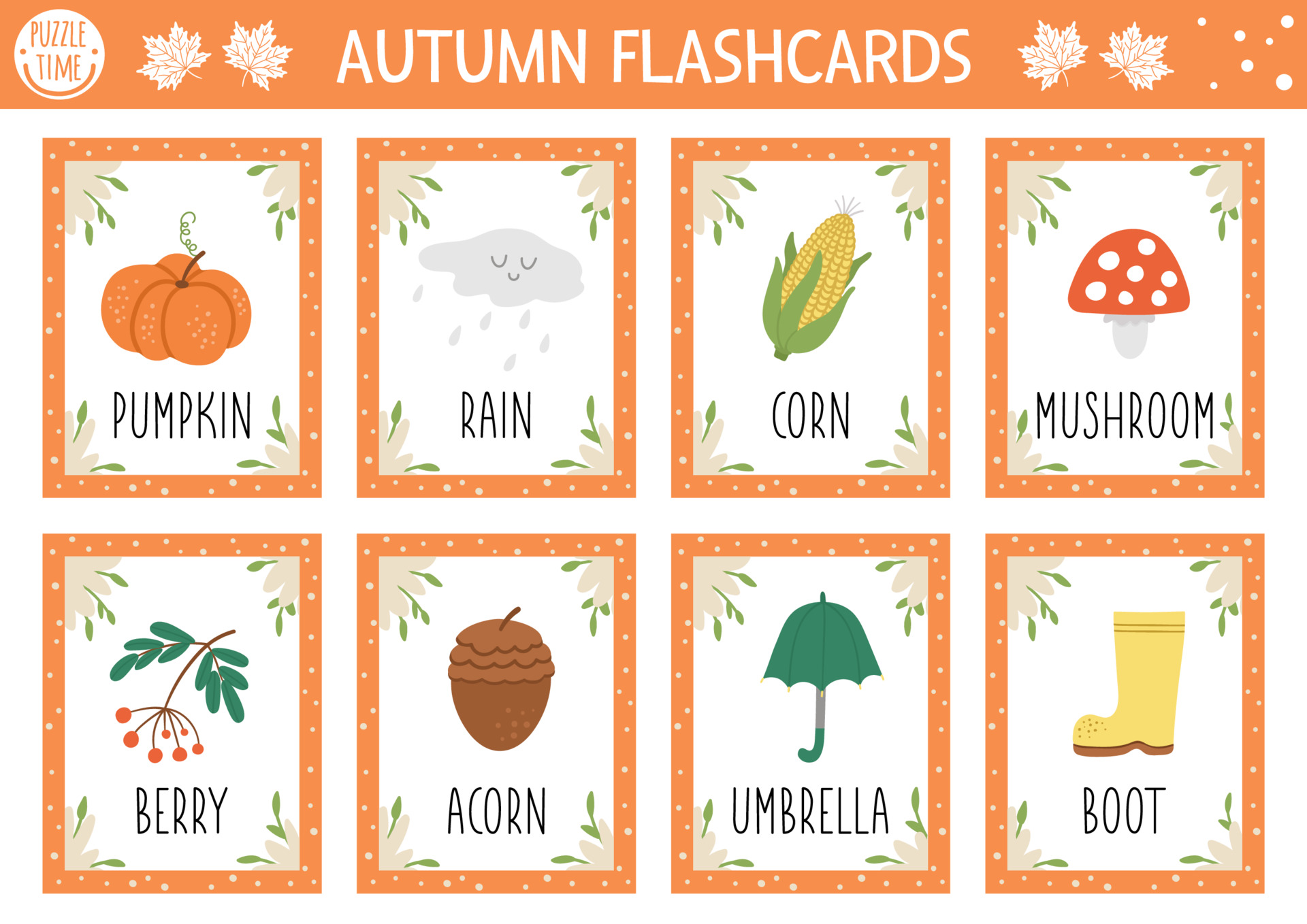 Vector Autumn flash cards set. English language game with cute