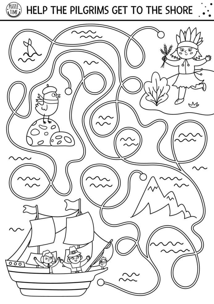 Thanksgiving Day black and white maze for children. Autumn line holiday preschool printable activity. Fall outline labyrinth game or puzzle with first Americans sailing on Mayflower vector