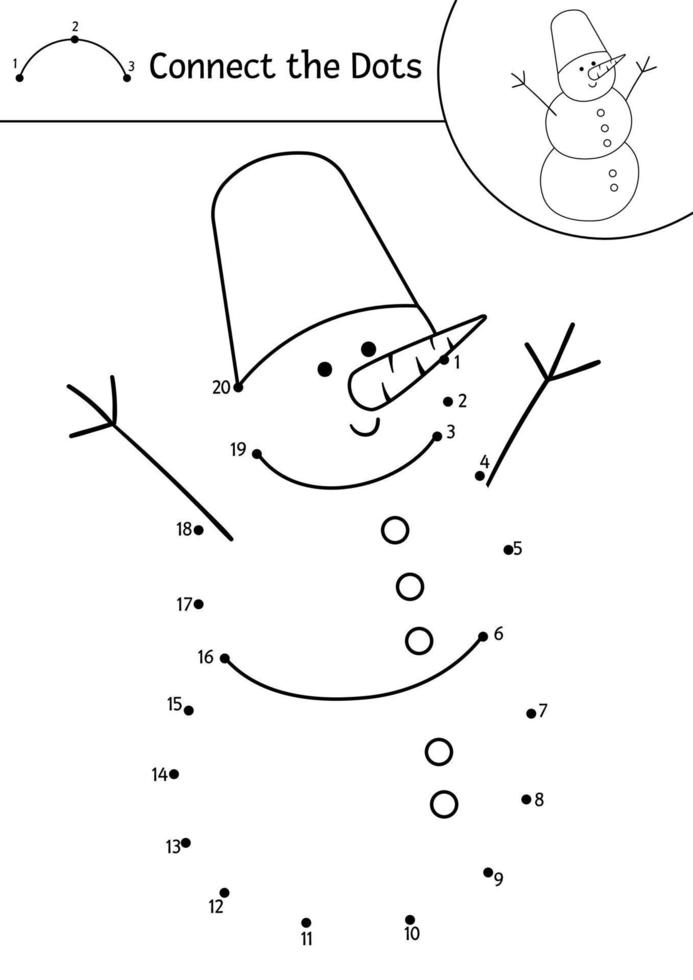 vector navidad punto a punto y actividad de color con lindo muñeco de nieve. vacaciones de invierno conecta el juego de puntos para niños con muñeco de nieve. Página para colorear para niños con el símbolo tradicional de año nuevo.