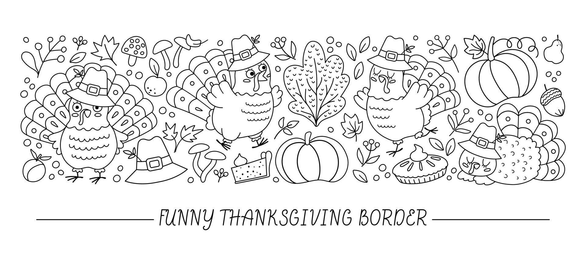 Vector black and white horizontal border set with cute turkeys, pumpkins, harvest and autumn forest elements. Outline Thanksgiving card template design. Funny line fall holiday border