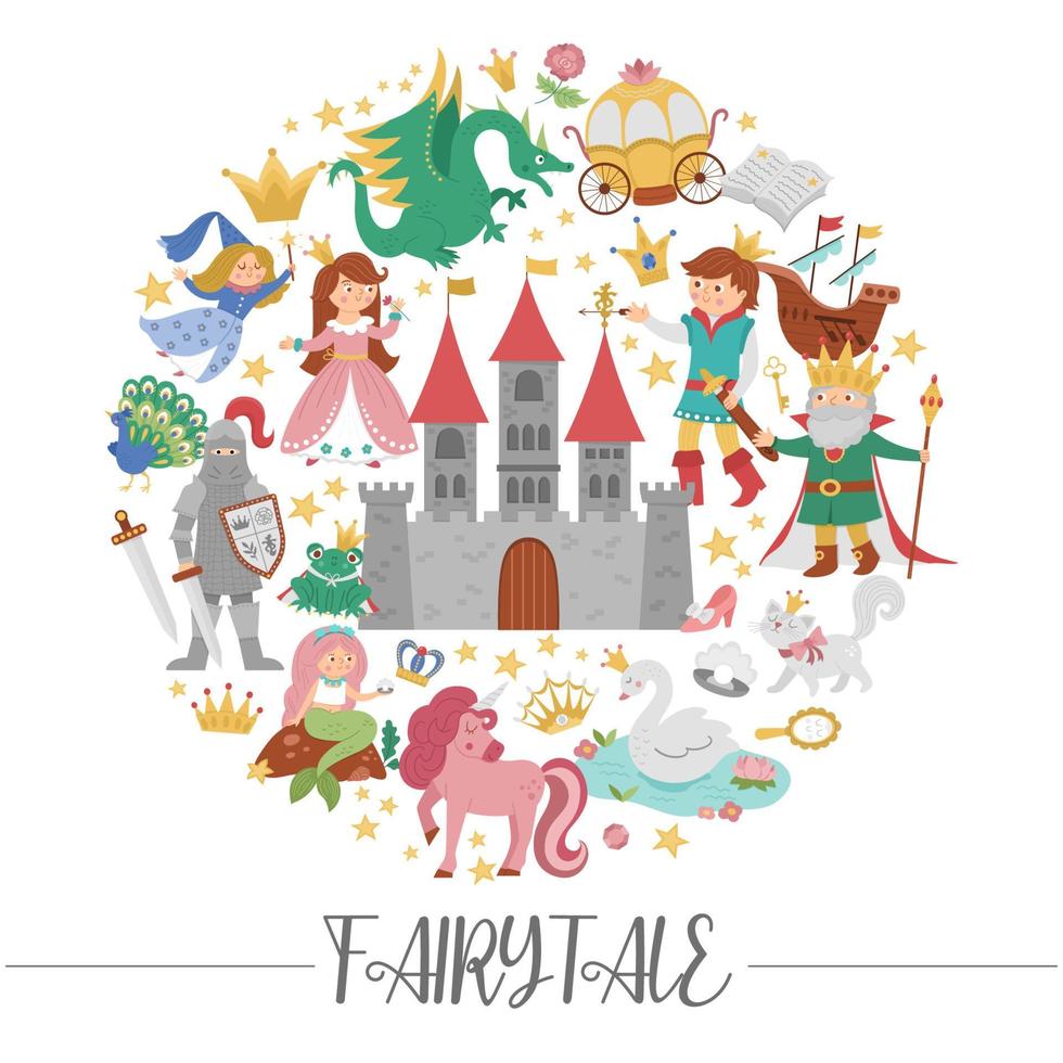 Vector round frame with fairy tale characters, objects. Fairytale card template design for banners, invitations with princess and prince. Cute fantasy castle illustration with magic elements