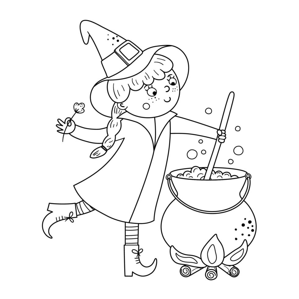 Cute vector witch. Halloween black and white character icon. Funny autumn all saints eve illustration with girl preparing green potion in cauldron. Samhain party coloring page for kids.
