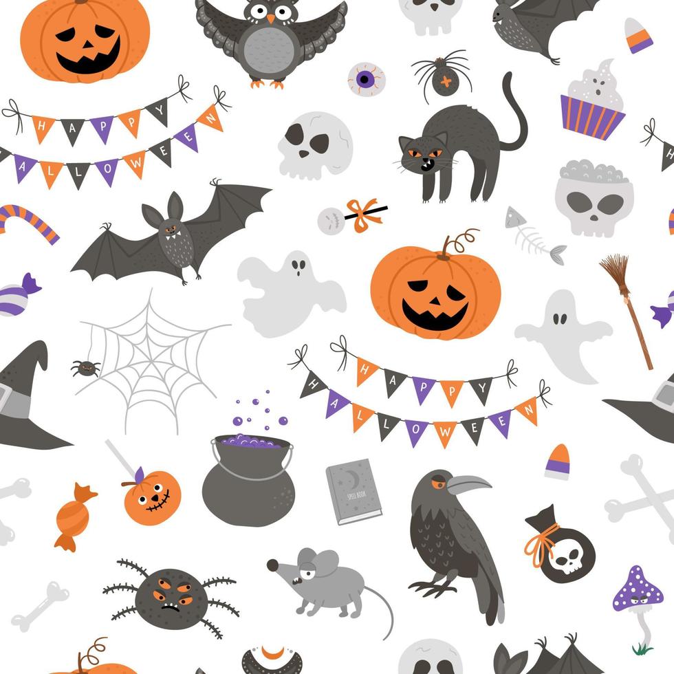 Vector seamless pattern with Halloween elements. Traditional Samhain party background. Scary digital paper with jack-o-lantern, spider, ghost, skull, bats, witch, vampire.