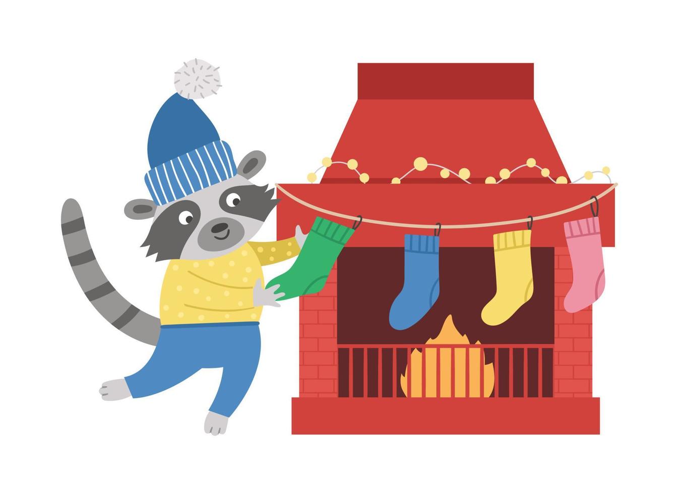 Cute Christmas preparation scene with raccoon in hat and sweater with stockings and chimney. Winter illustration with animal and fireplace. Funny card design. New Year print with smiling character vector